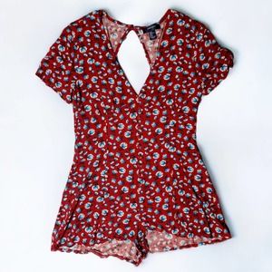 Forever 21 Red  Floral Romper Medium Open Back Festival Hippie